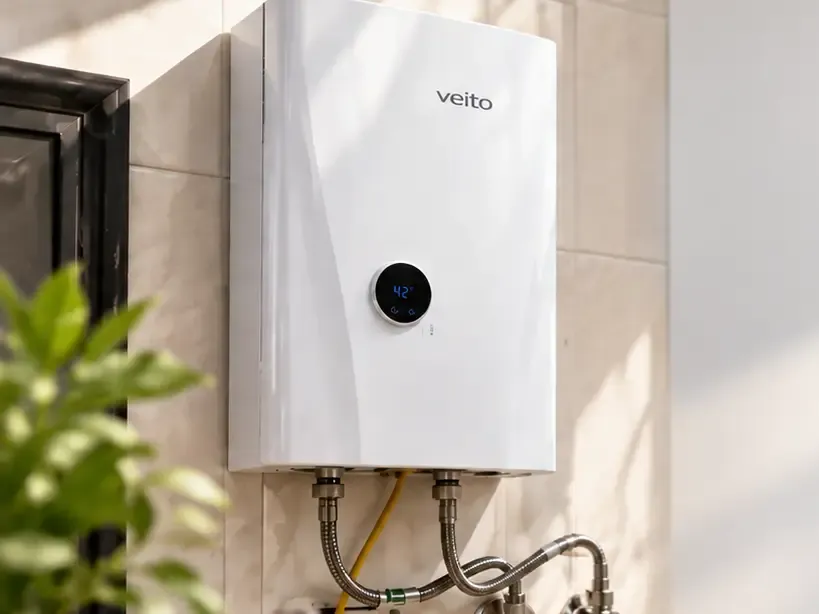 سخان Veito فوري مركّب على حائط، شاشته تعرض درجة الحرارة